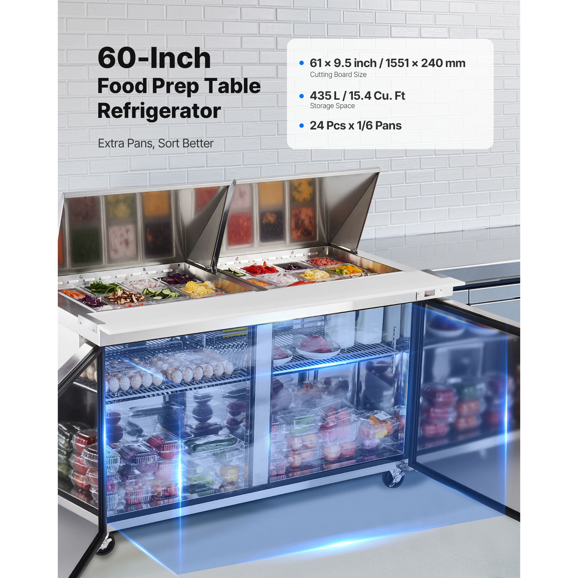 KFFKFF 60"W Commercial Refrigerator, 15.4 Cu. Ft Sandwich Prep Table, Mega Top Food Prep Fridge with 24 Pans and Cutting Board, Stainless Steel Salad Prep Cooler for Restaurants and Food Trucks