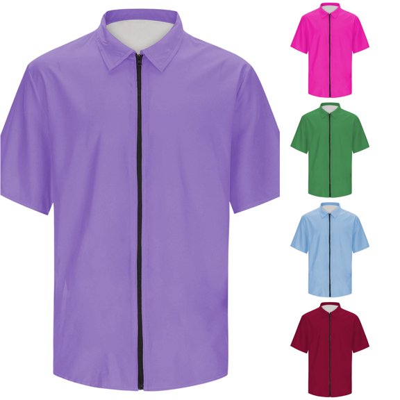 Zylarhe Mens Summer Shirts, Men Casual Short Sleeve Zipper Summer Beach Shirt Light Texture Elastic Top Purple M