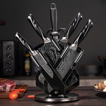 7pcs Damascus Pattern Stainless Steel Kitchen Knife Set with Universal Knife Holder - Chef, Fruit, and Safety Knives Included, Father's Day Gift