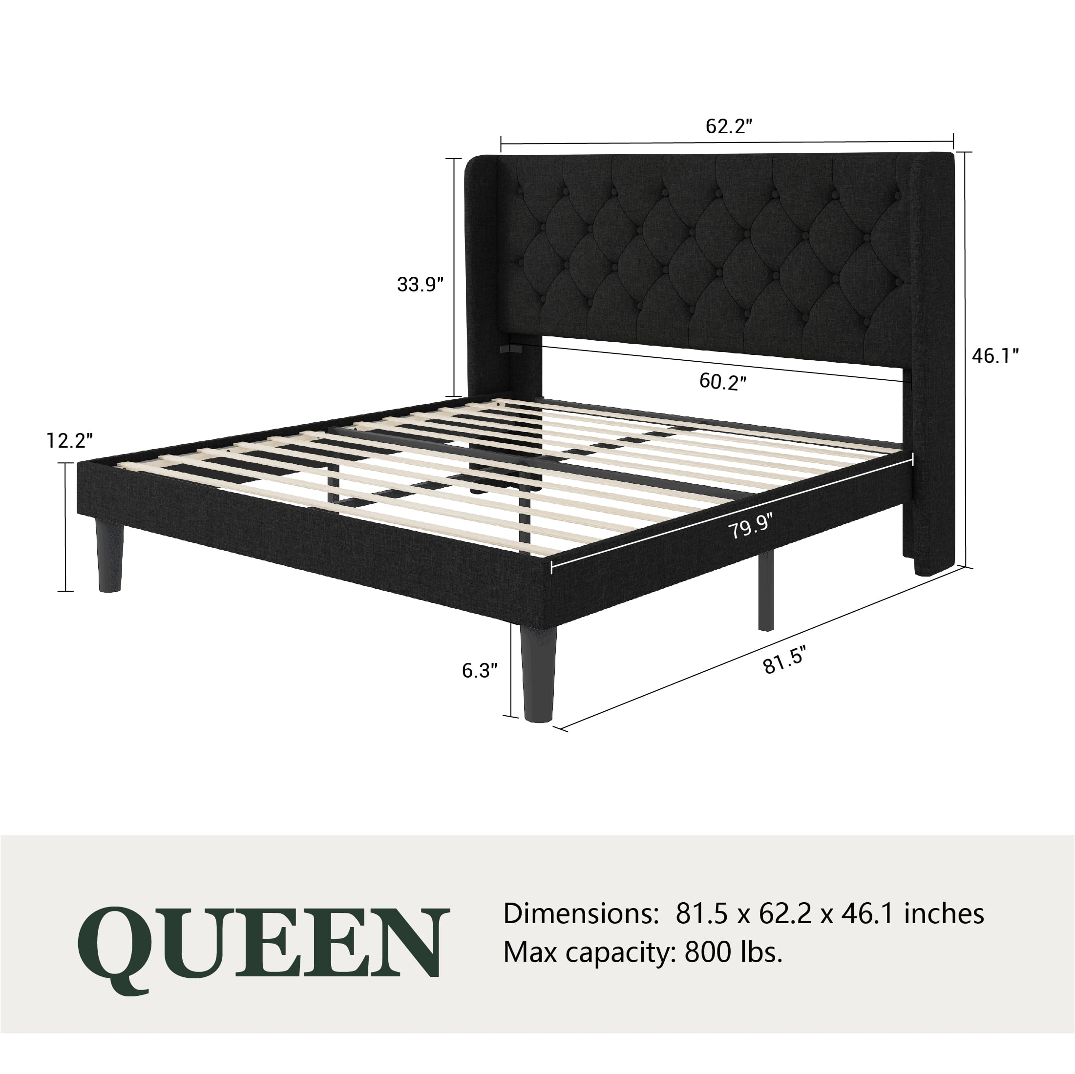 Amolife Queen Size Upholstered Platform Bed Frame with Fabric Diamond Deluxe Wingback Headboard, Black