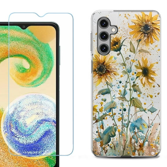 OneToughShield ® Shockproof Phone Case Compatible with Samsung Galaxy S24 5G, with Tempered Glass Screen Protector - Pastel Sunflowers