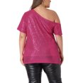 thumbnail image 3 of Agnes Orinda Women' s Plus Size Sequin Top Sparkly One Shoulder Short Sleeve Party Tops 1X Hot Pink, 3 of 6