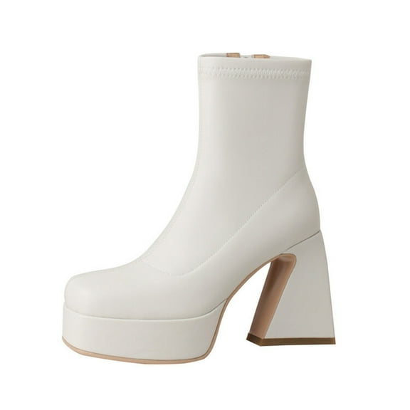 Lovskoo 2024 Platform Boots for Women Leather Chunky Stacked Heel Square Toe Fashion Short Ankle Boots Leather Comfortable Shoes Western High-Heeled Boots White