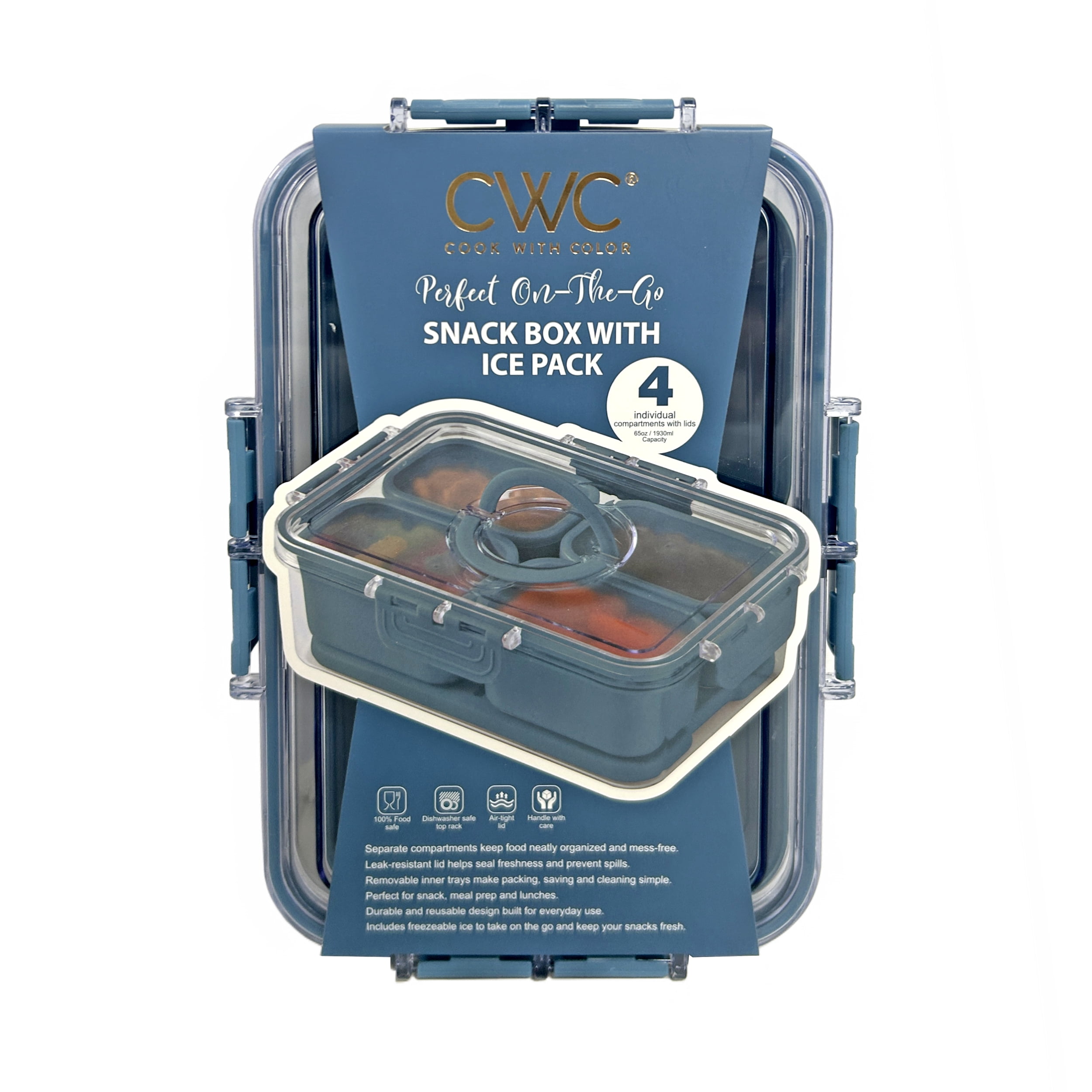 Cook with Color 4-Compartment Portable Snack Box Food Storage Container with Removable Ice Pack, Blue