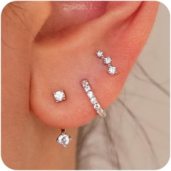 3 Pairs Silver Hypoallergenic Earrings for Women Trendy - Stud Hoop Cartilage Earrings Set Small Earring Stacks for Sensitive Ears Non Tarnish Dainty Silver Earring