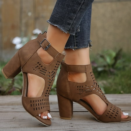 

Women s Solid Color Stylish Chunky Heel Sandals Out Design with Back Zipper