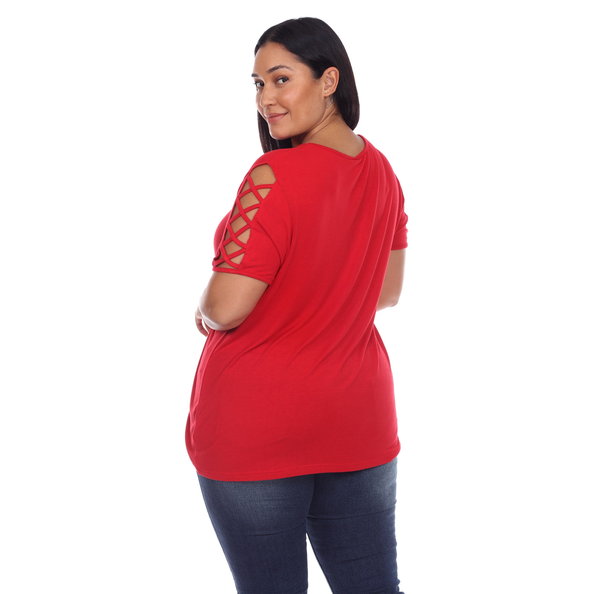 White Mark Women's Plus Size Keyhole Neck Short Crisscross Sleeve Shirt Top