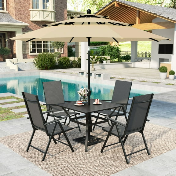 MF Studio 6-Piece Aluminum Outdoor Patio Dining Set with 10 FT 3-Tier Umbrella, 4 PCS 7-Level Adjustable Folding Sling Chairs& Square Dining Table, Black& Beige