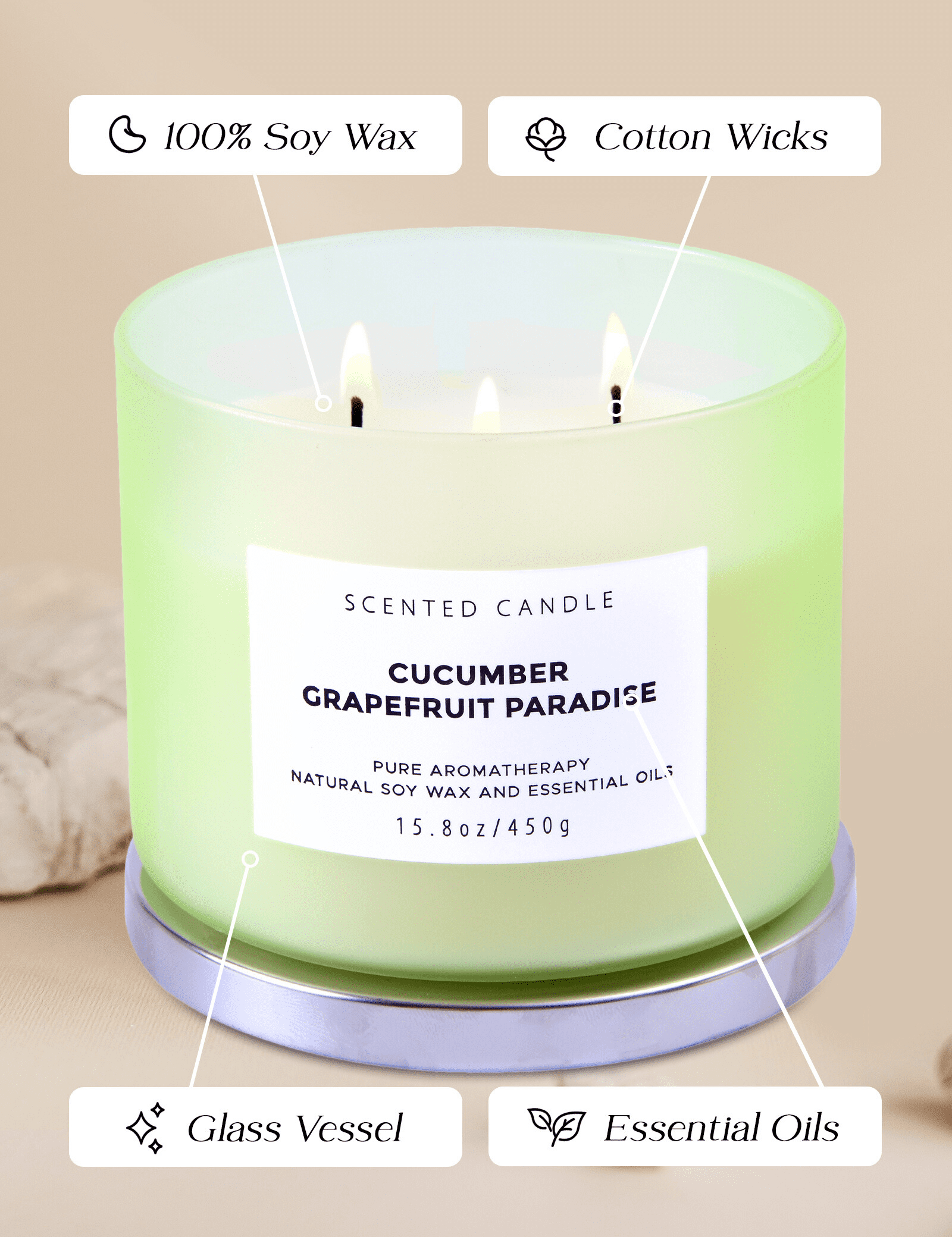 Cucumber Grapefruit Paradise 3-Wick Soy Candle – Fresh Citrus Aromatherapy Candle in Gift Box | 15.8 oz Clean Burning Scented Candle with Reusable Jar