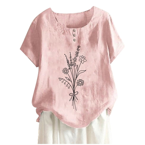 Camisas de Manga Corta para las Mujeres, Blusa de Botón de Impresión Casual con Cuello Redondo Hecha de Tela Suave Transpirable para Verano Primavera, Blusas de Manga Corta para las Mujeres