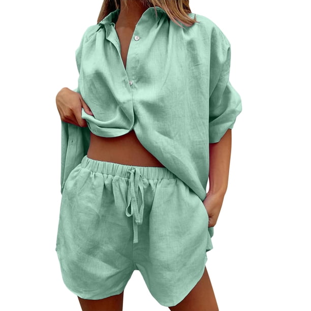Conjunto de chándal de 2 piezas para mujer: blusa holgada con botones y pantalones cortos elásticos de cintura alta - Poliéster, color liso, ropa informal/de estar por casa, conjuntos de verano