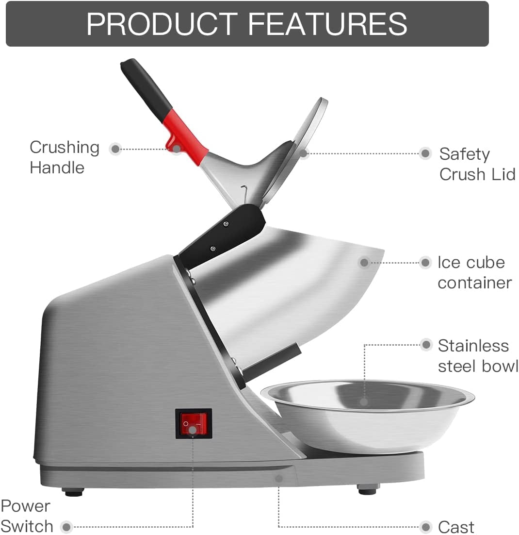 Snow Cone Machine Shaved Ice Machine Ice Crusher with Stainless Steel Blade Kitchen Electric for Shaved Ice and Snow Cone (300W 2000r/min) Also Comes with a Free Ice Pick and Ice Cube Tray