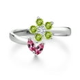 thumbnail image 2 of Gem Stone King 925 Sterling Silver Pink Tourmaline Green Peridot and White Lab Grown Diamond Flower Open Ring for Women (0.56 Cttw, Gemstone October Birthstone, Size 5), 2 of 3