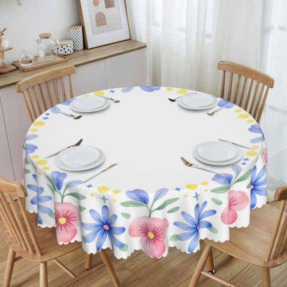 Blue Daisy Wildflower Wreath Round Tablecloth Waterproof Oil-Proof Plastic Table Cloth Stain-Resistant Wipeable 60" for Camping, Dining, Indoor and Outdoor