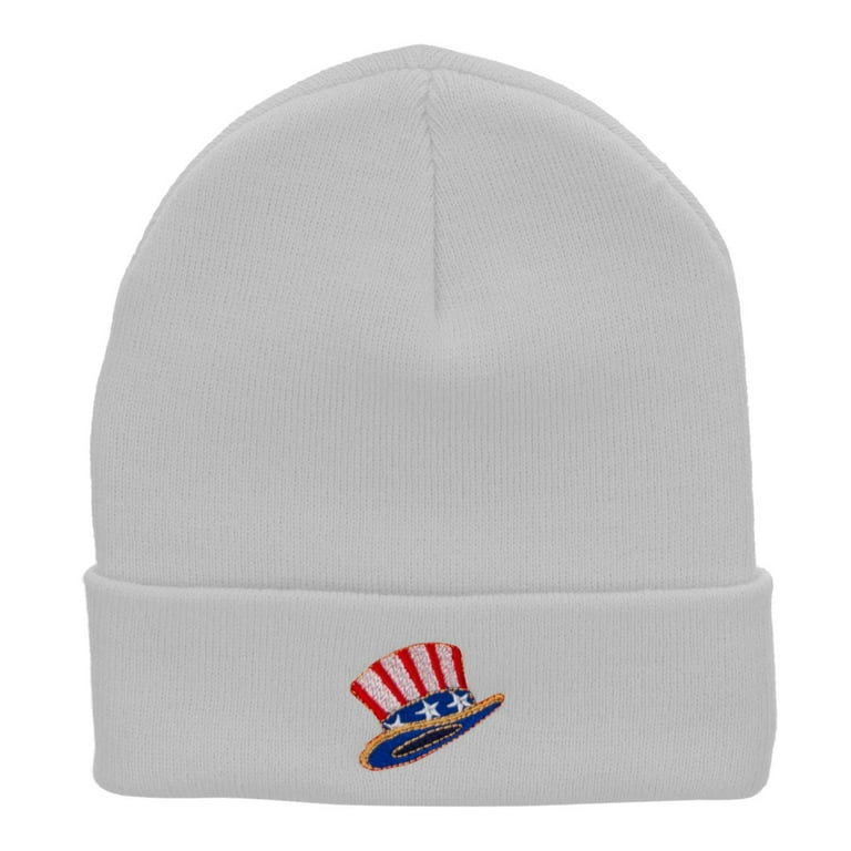 USA Top Hat Embroidered 12 Inch Long Knitted Beanie - White
