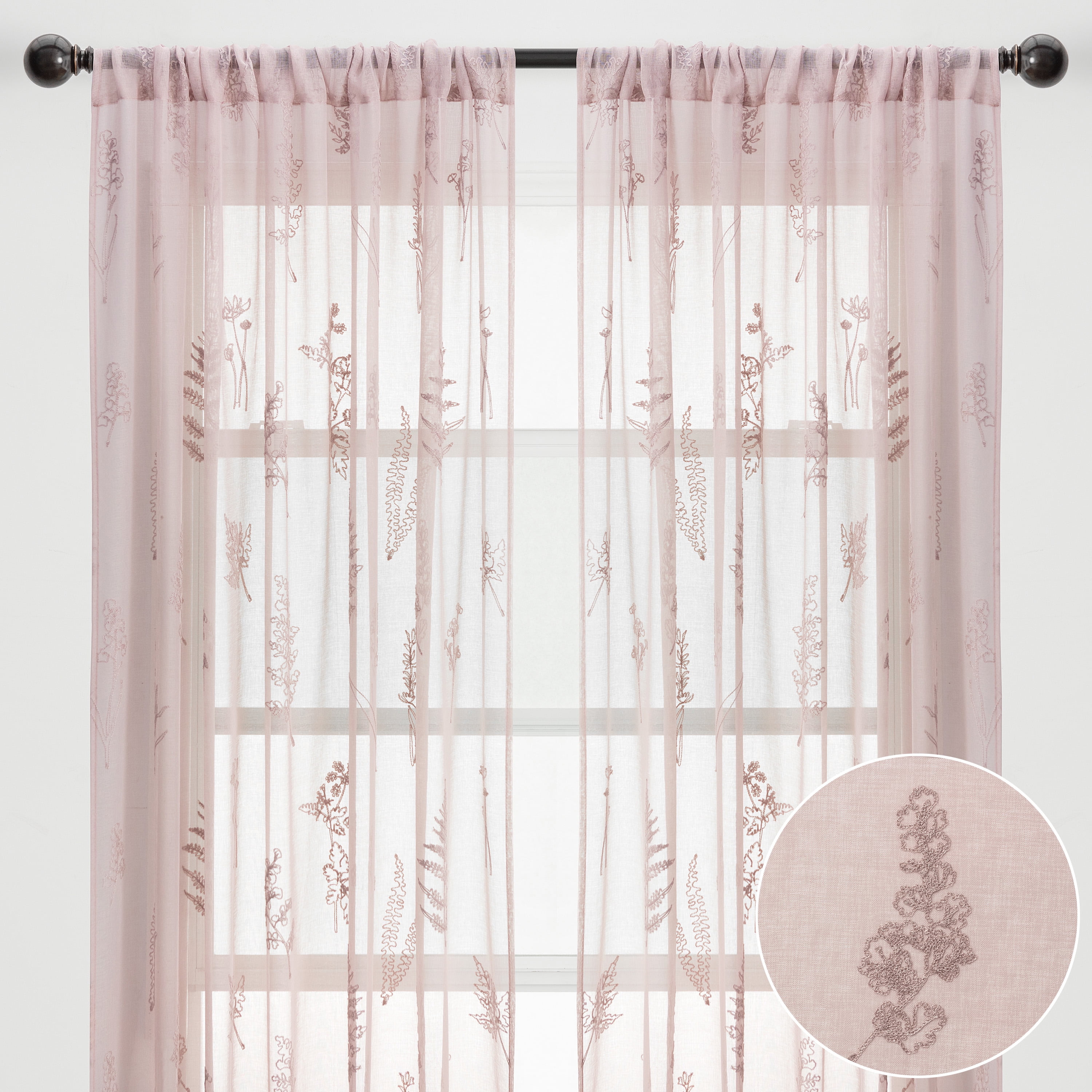 Rose Dust Sheer Botanical Floral Embroidered Curtain Panels 52x63 Inches