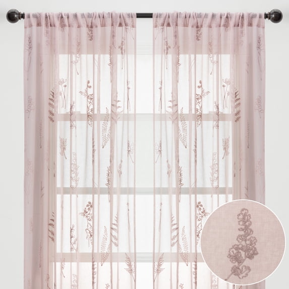 Chanasya Embroidered Dusty Pink Sheer Curtain 2 Panels Set - Botanical Floral Leaf Pattern Textured Drapes with Rod Pocket - for Bedroom Kitchen Window Door Patio 63 Inches Length Curtain - Rose Dust
