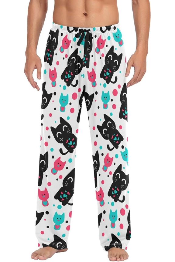 Cat Pajama Pants for Men, Lounge Pants Lightweight Men Pajama Bottoms with Drawstring Pockets, Christmas New Year Birthday Gifts, Small