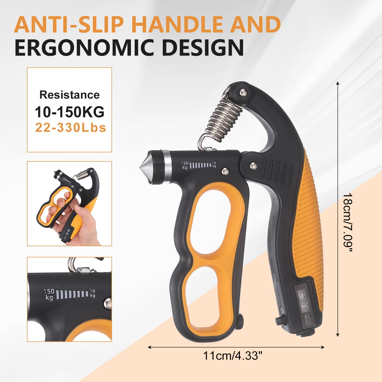 Hand Gripper Strengthener, Forearm Exerciser Resistance Grip Strength Trainer with Adjustable Resistance 22-330Lbs for Recovery Muscle Building & Fitness Workout, Orange