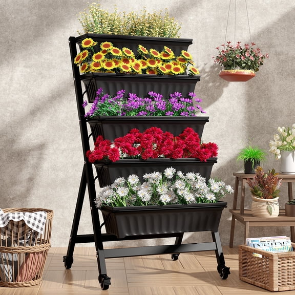 VECELO 5-Tier Vertical Raised Garden Elevated Planter with Wheels & Container Boxes, Black