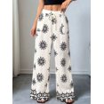thumbnail image 5 of Women Lazy Style Printed Wide Leg Pants Elastic High Waist Side Pockets Loose Fit Casual Trousers Cream White S, 5 of 9