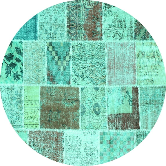Ahgly Company Machine Washable Indoor Round Patchwork Turquoise Blue Transitional Area Rugs, 8' Round