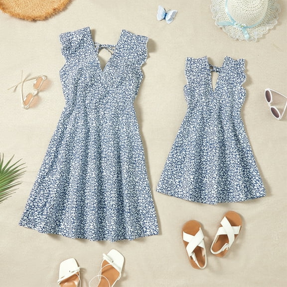 FYMNSI Mommy and Me Dresses Summer Casual Boho Family Matching Outfits Ruffle Floral V Neck Dress for Mom and Daughter Blue (Mom S)