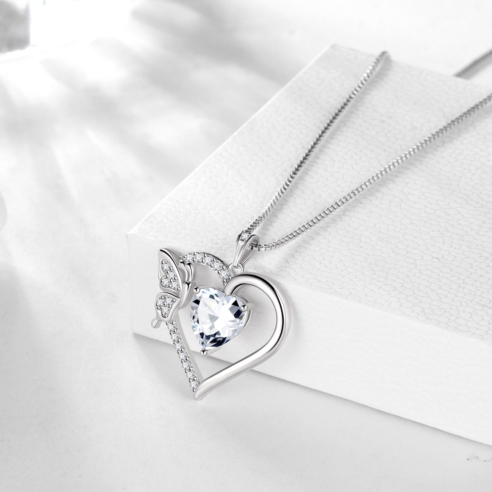 White Heart Necklace Butterfly April Birthstone Necklace Diamond Crystal 925 Sterling Silver Pendant Jewelry Women Birthday Valentine's Day Gift