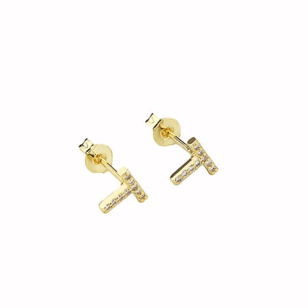 Bonjour Jewelers 14k Yellow Gold Created Diamond Initial T Letter Stud Earrings Plated