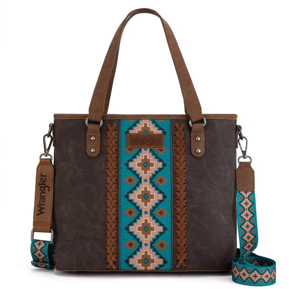 Wrangler Weatern Tote Bag for Women Medium Sized Aztec Handbags with Crossbody Strap, Coffee-turquoise