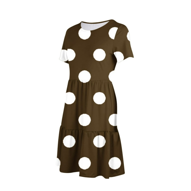 brown polka dot dress short sleeve Drew Brown Polka Dot Wrap Short Puff Sleeve Midi Dress main image 1