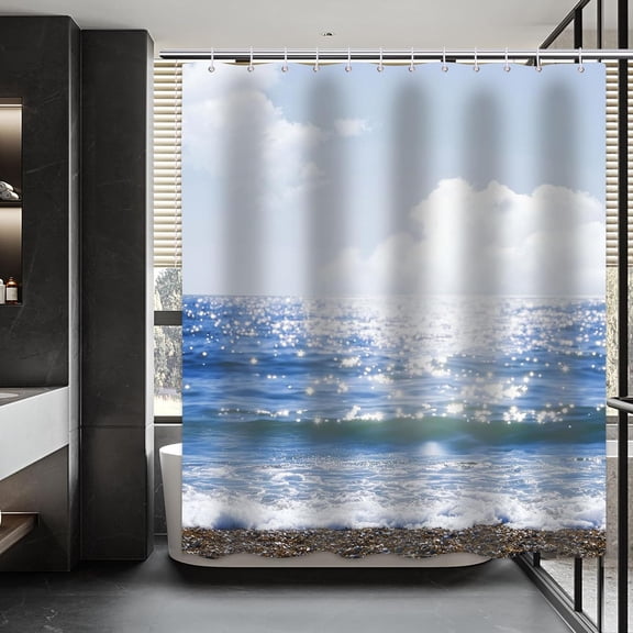 Ocean Shower Curtain for Bathroom, Glitter Sea Level Nature Landscape Shower Curtain Set Waterproof Fabric Bathtub Curtain Decor with 12 Hooks, 72x72inches
