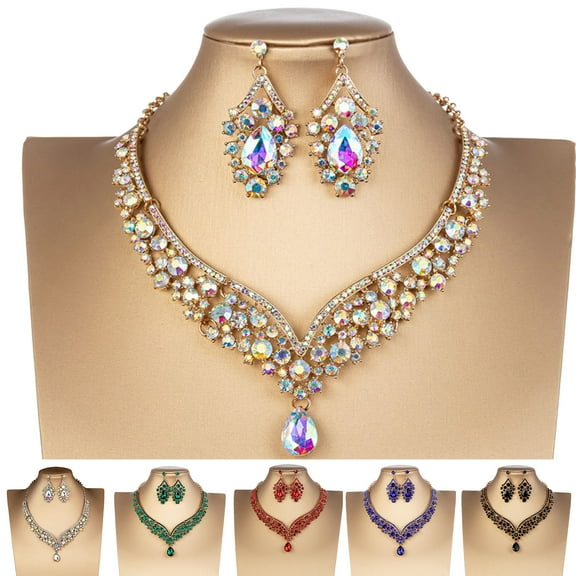 Cheers US Women's Jewelry Set Rhinestone Crystal Bride Statement Choker Necklace Link Teardrop Dangle Earrings Set for Wedding Party
