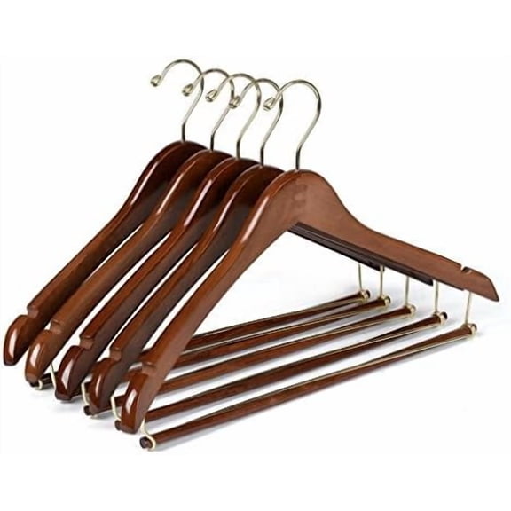 Wooden Hangers Beautiful Sturdy Suit Curved Hangers Great for Travelers Heavy Duty Coat Hanger with Locking Bar Gold Hooks (5 Pack)