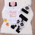 thumbnail image 2 of Baby Girl Short Sleeve Letters Print Romper Tops Floral Trousers Headband Hat Set, Outfits Clothes, 4-Piece Set, S, 2 of 12