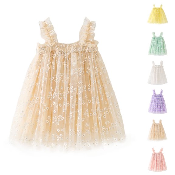 HJYCHN Toddler Dress Sleeveless Daisy Print Mesh Party Gown with Ruffled Straps for Carnival Girls Dress 4-5 Years