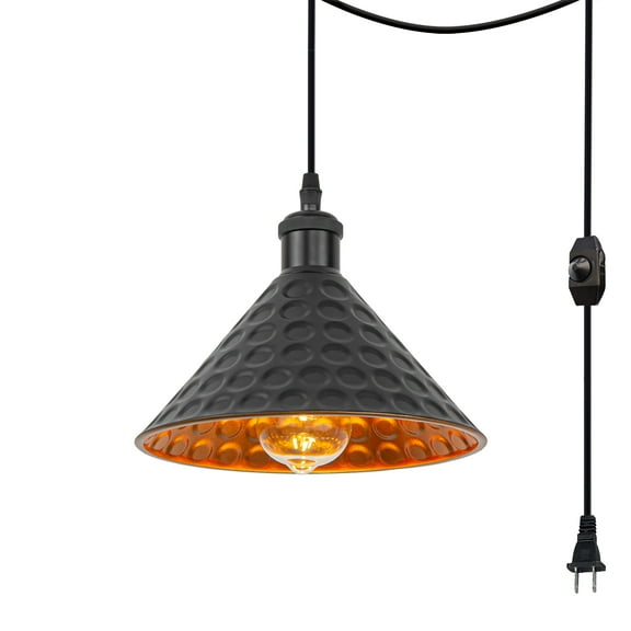 Kiven Plug in Pendant Light,Modern Hanging Light Black Finish, Gold Inner and 15FT Plug-in Cord, Dimmable Ceiling Pendant Light, E26 Base