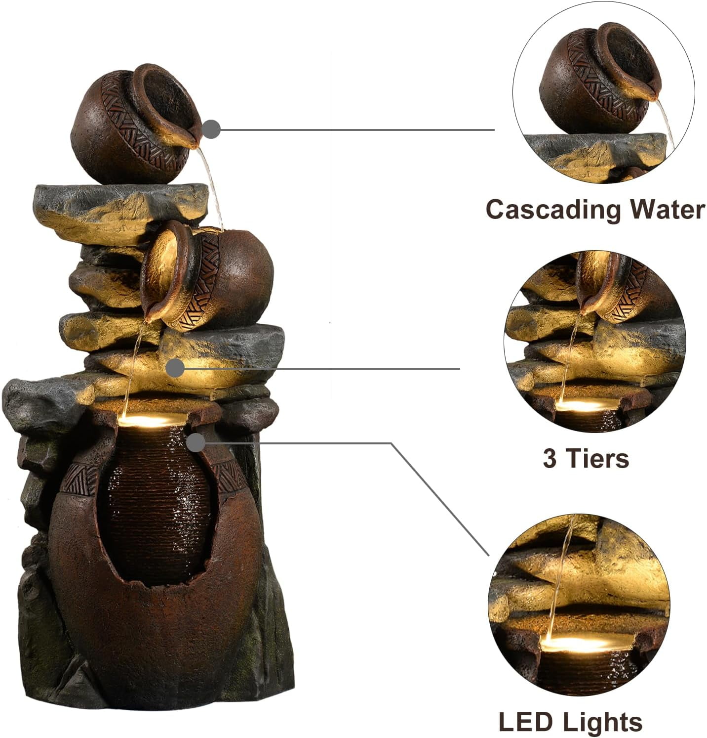 Garden Water Fountain Outdoor Decor - 38.4" 3 Tier Standing Cascading Waterfall Outdoor Water Fountain with LED Lights & Pumps,Natural Design for Garden,Patio, Porch, Backyard, Home Art Decor