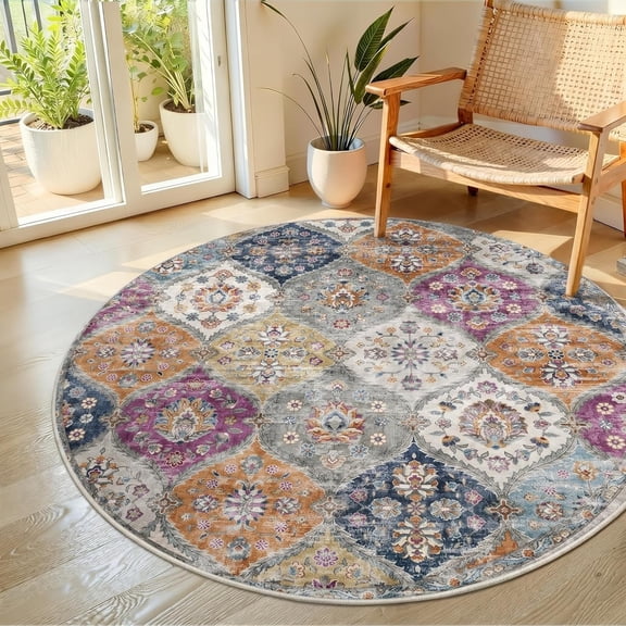 5x5ft Round Washable Area Rug Non Slip Stain Resistant Vintage Moroccans Distressed Purple/Grey