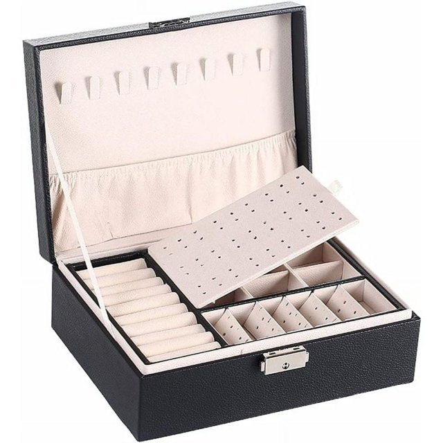 Joyero organizador grande para mujeres y niñas, estuche de almacenamiento de joyas de 2 capas, soporte de joyería de cuero PU con bandeja extraíble