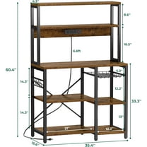 Bakers Rack with Power Outlet, 35.4 Inches Coffee Bar with Wire Basket, Kitchen Microwave Stand with 6 S-Shaped Hooks, Open Storage Shelves, Rustic Brown