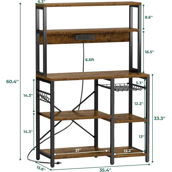 Bakers Rack with Power Outlet, 35.4 Inches Coffee Bar with Wire Basket, Kitchen Microwave Stand with 6 S-Shaped Hooks, Open Storage Shelves, Rustic Brown