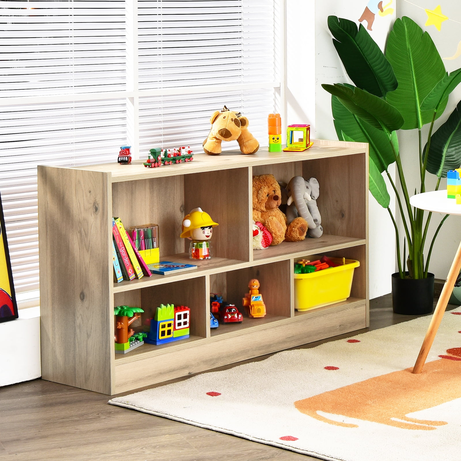 Costway 2-Tier Kids Bookcase with Spacious Top & Raised Base Toy Organizer with 5 Compartments Light Natural