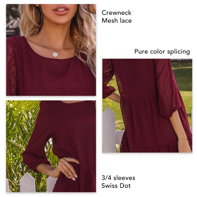 Vestido de malla con mangas, vestido de encaje de malla con mangas 3/4 y lunares suizos Vestido de lunares suizos con cuello redondo Estándares líderes en la industria