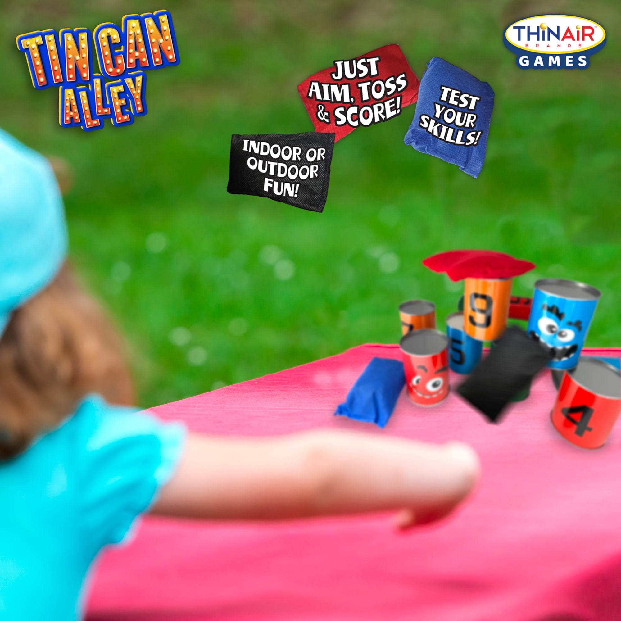 Thin Air Games: Tin Can Alley - Classic Carnival-Themed Bean Bag Toss Game, 10 Silly-Faced Cans & 3 Bags, In-Outdoor Fun, Family & Kids, 2-4 Players