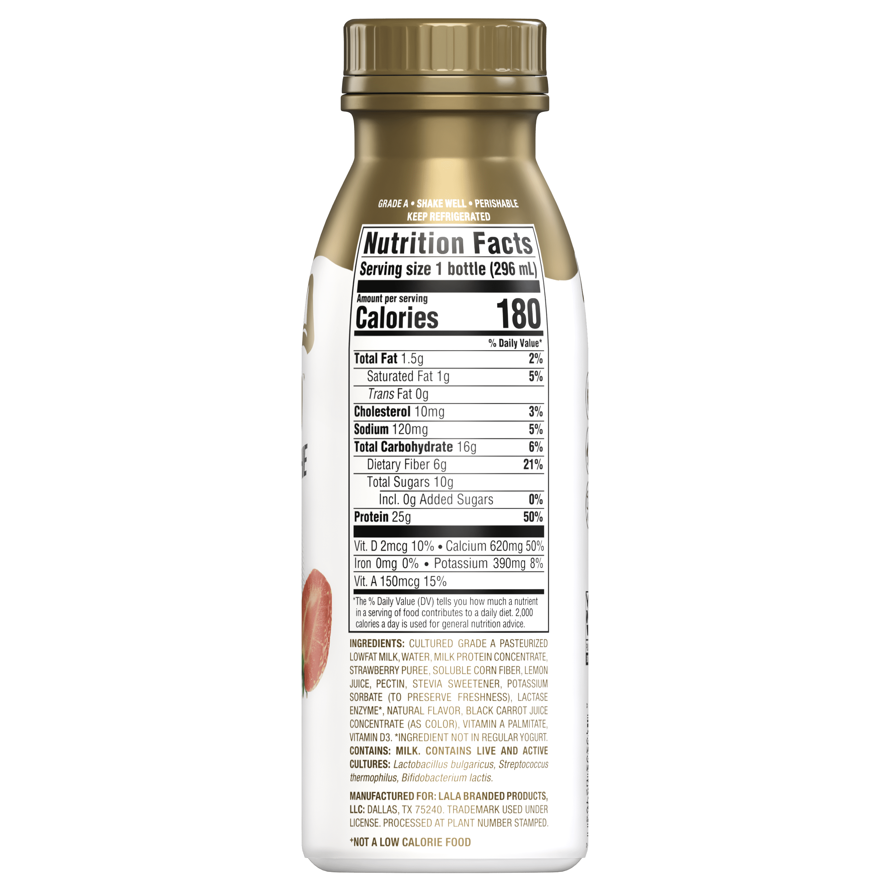 LALA Gold High Protein Probiotic Drinkable Fat-Free Yogurt Smoothie Drink, Strawberry, 10 oz