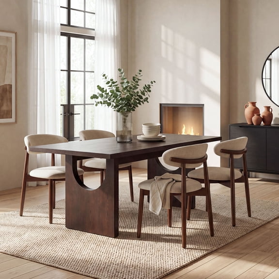 COLAMY 5 Piece Dining Room Table Set for 4-6 People, 72" Large Oak Veneer Wood Dining Table with Upholstered Chairs, Mid Century Modern Kitchen Furniture Set, Walnut & Beige