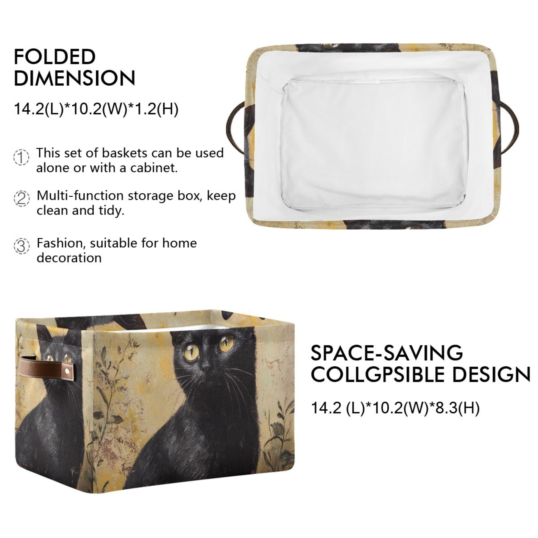WOBOGO Black Cat with Oil Painting Style Square Storage Basket with Waterproof Canvas and PE Lining Durable PU Leather Handles 14.2×10.2×8.3in