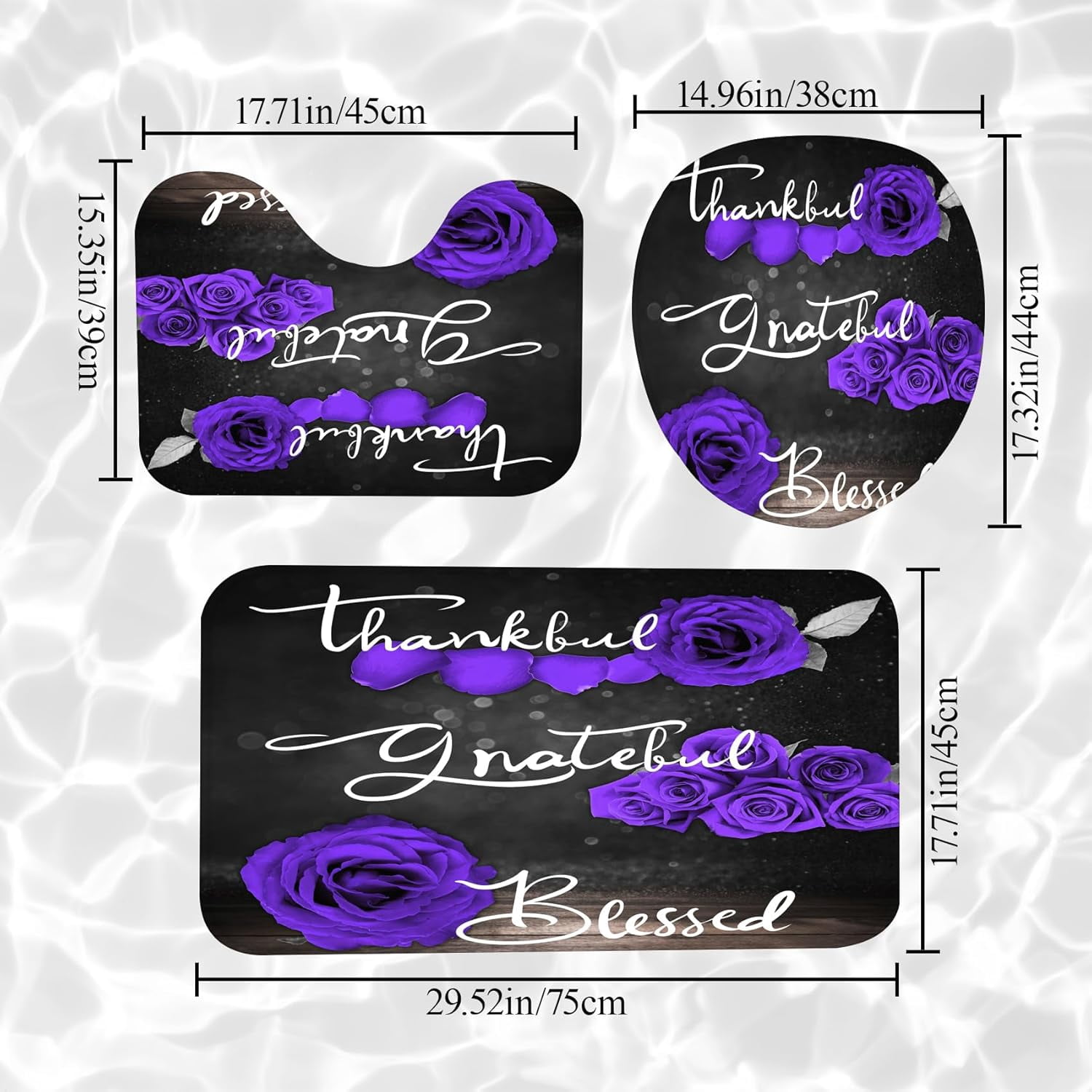 Purple Rose Shower Curtain Sets, Thankful Grateful Blessed Bathroom Curtain with Non-Slip Rug, Toilet Lid Cover, Bath Mat and 12 Hooks, Romantic Showy Floral Wedding Decor for Bath