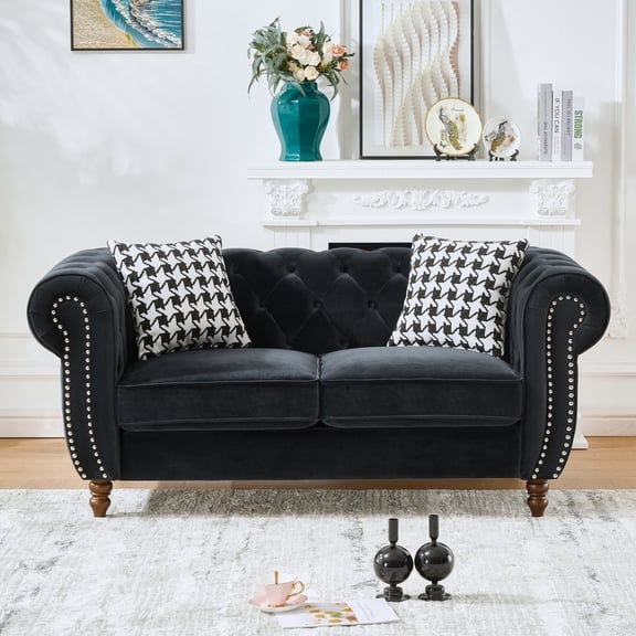 Miekor Furniture 67" Chesterfield ‌velvet upholstery fabric Sofa with Roll Armrest & Nailhead,Upholstered Mid Century Modern Couch,2 Seater Couch for Living Room, Office, Apartment, Black MK8945